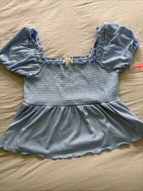 Derek Heart Pale Blue Smocked Puff-Sleeve Peplum Top